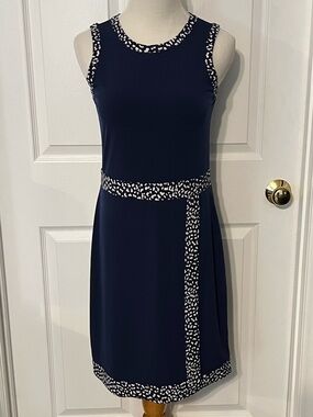 NWT Michael Kors Navy Sleeveless Midi Dress with Printed Trim